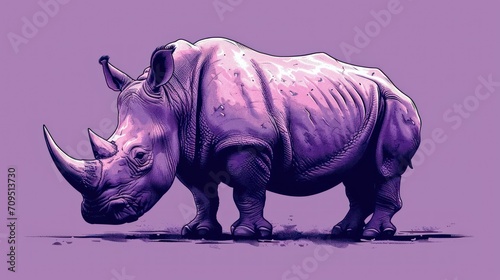  a drawing of a rhinoceros on a purple background with a black bird perched on top of the rhinoceros.
