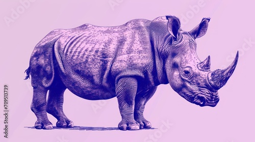  a drawing of a rhinoceros is shown in a purple and pink color scheme on a light pink background.