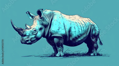  a drawing of a rhinoceros standing in the grass with its head turned to the side, with a blue background. © Shanti