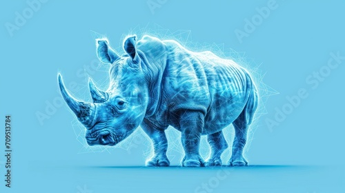  a rhinoceros standing in front of a blue background with lines in the shape of the rhinoceros. © Shanti