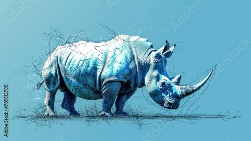  a drawing of a rhinoceros standing in the grass with its nose to the ground and it s nose to the ground.