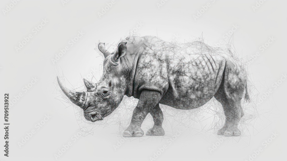  a black and white photo of a rhinoceros with long horns and long tusks, standing in front of a white background.