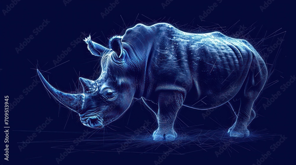  a rhinoceros standing in the middle of the night with its head down and it's nose to the ground.