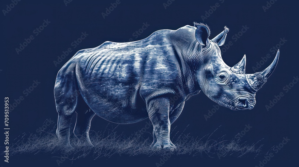  a drawing of a rhino standing on top of a grass covered field in front of a dark blue night sky.