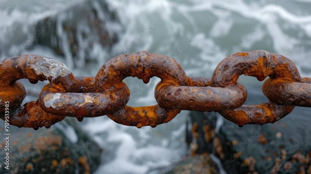 Rusted anchor chain with a backdrop of sea-splashed rocks, showcasing the relentless wear of ocean elements. Rusted anchor chain with a backdrop of sea-splashed rocks, showcasing the relentless wear of ocean elements.