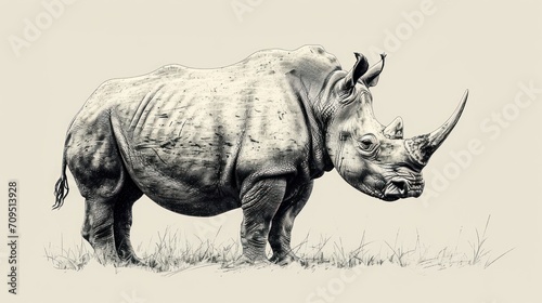  a black and white drawing of a rhinoceros standing in a grass field with its head turned to the side.