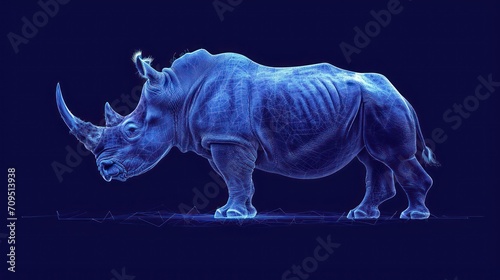  a rhinoceros standing in the dark with its head turned to look like it s eating something out of the ground.
