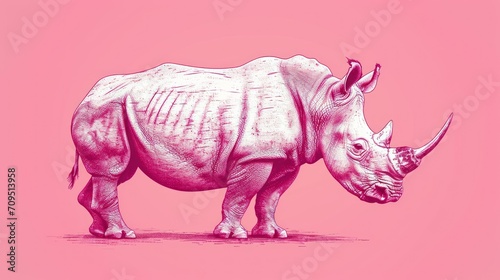 a drawing of a rhinoceros on a pink background with the word rhino on the side of the rhinoceros. © Shanti