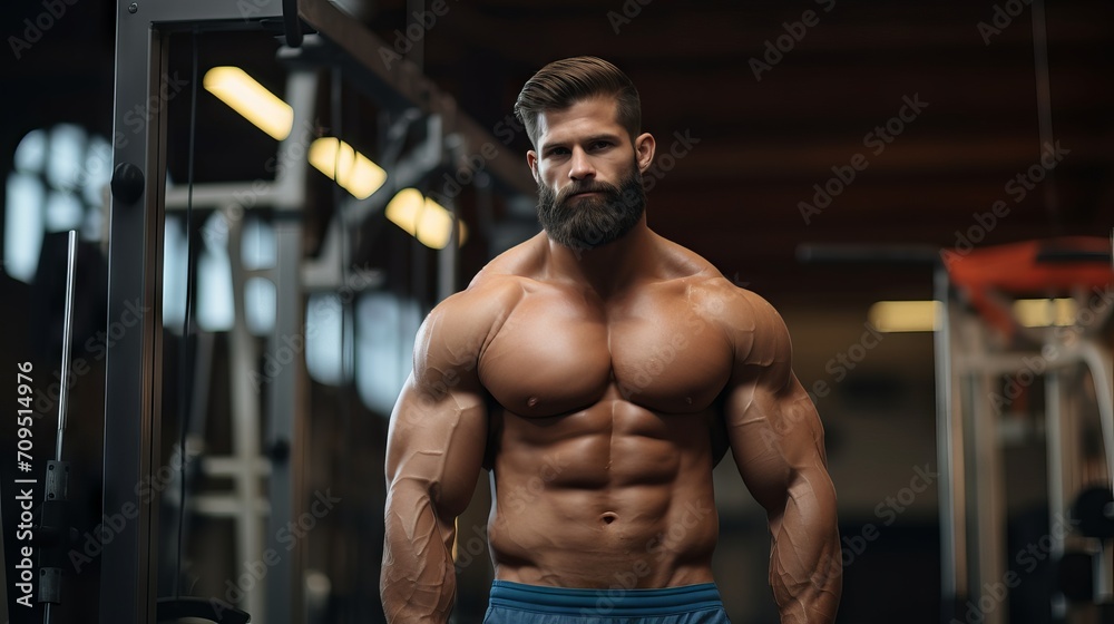 Fit and strong: young male athlete bodybuilder strikes powerful poses, demonstrates dynamic sports exercises in gym setting Fit and strong: young male athlete bodybuilder strikes powerful poses, demonstrates dynamic sports exercises in gym setting