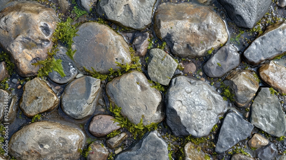 Smooth river stones with patches of algae and moss, contrasting natural textures and the growth patterns of organic matter.