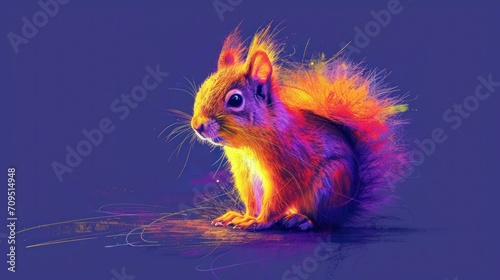  a colorful squirrel sitting on top of a purple floor next to a purple and blue background with streaks of light coming from the top of the squirrel's head.