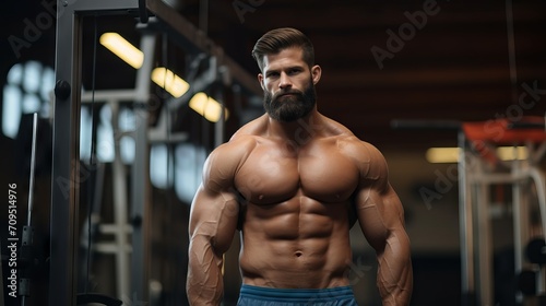 Fit and strong: young male athlete bodybuilder strikes powerful poses, demonstrates dynamic sports exercises in gym setting © Ameer