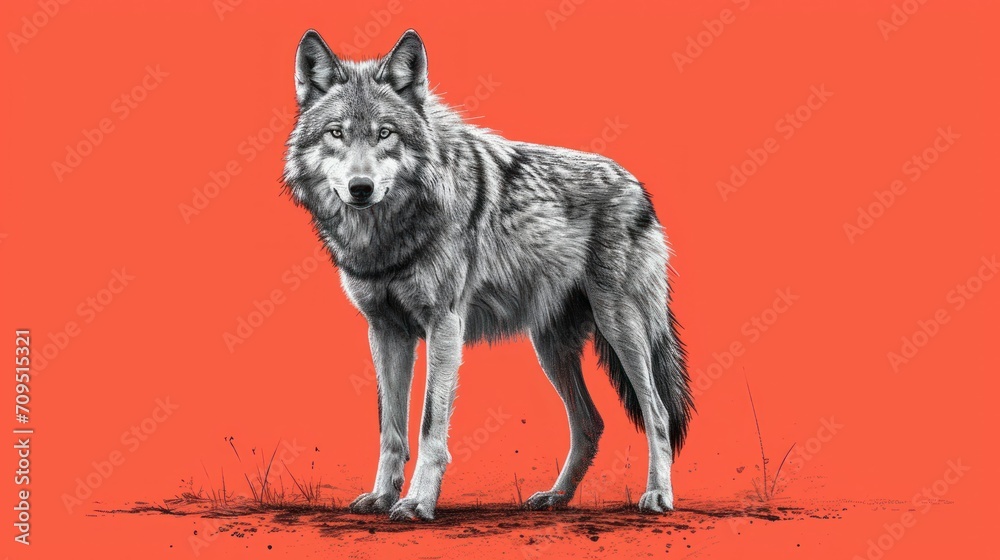  a black and white wolf standing on top of a grass covered field next to a bright red background with a black and white drawing of a wolf on it's face.