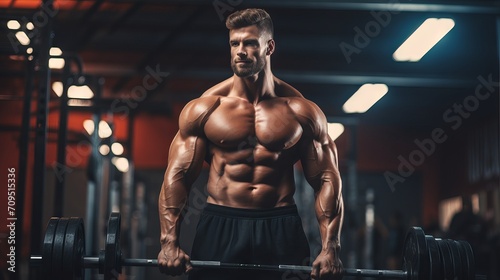 Powerful fitness routine: muscular man bodybuilder training and posing with weights and barbell in the gym – active lifestyle and strength concept