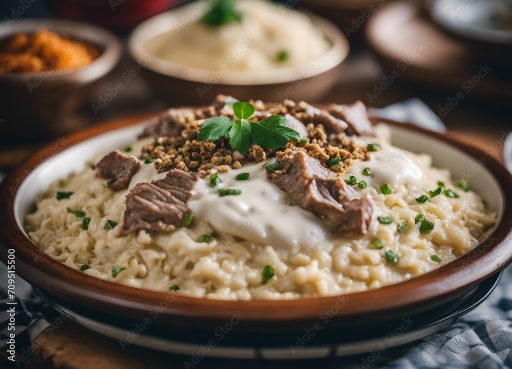 Mansaf, traditional Jordanian dish of rice, lamb, and yogurt sauce