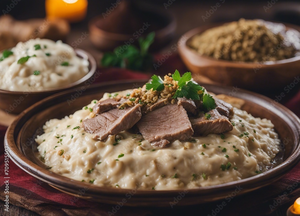 Mansaf, traditional Jordanian dish of rice, lamb, and yogurt sauce Mansaf, traditional Jordanian dish of rice, lamb, and yogurt sauce