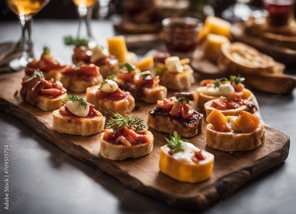 Assorted canapés beautifully presented on a wooden board Assorted canapés beautifully presented on a wooden board