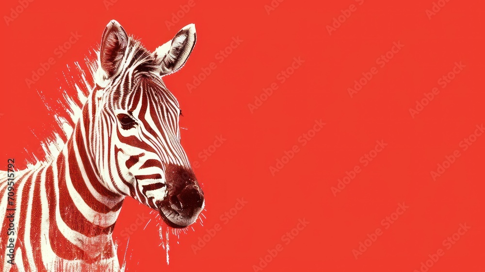 a close up of a zebra's head on a red background with a black and white image of a zebra. a close up of a zebra's head on a red background with a black and white image of a zebra.