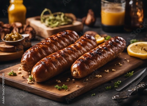 Grilled sausages with spices and herbs on a wooden board