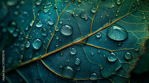 Textured surface of a leaf, with detailed veins and dew drops, showcasing the intricate patterns of nature.