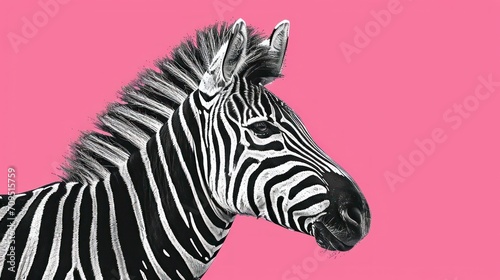  a close up of a zebra s head on a pink background with a black and white image of a zebra.