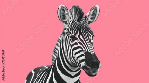  a close up of a zebra s head on a pink background with a black and white zebra in the foreground.