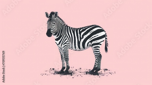  a black and white zebra standing on top of a grass covered field with a pink sky in the back ground.