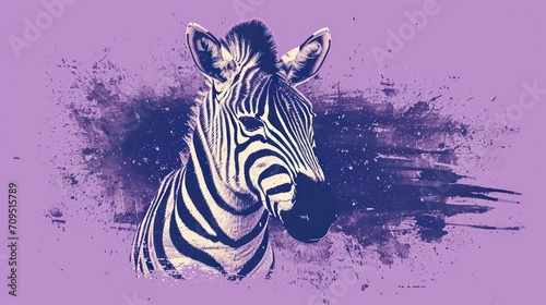  a close up of a zebra s head on a purple and black background with a splash of paint on it.