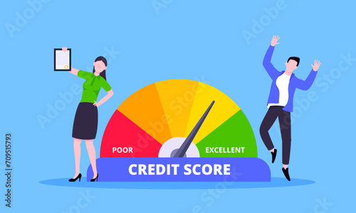 Woman pulls credit score arrow gauge speedometer indicator with color levels.