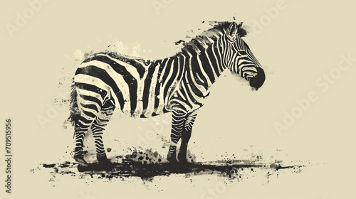  a black and white photo of a zebra on a beige background with a splash of paint on the back of the zebra.