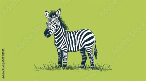  a drawing of a zebra standing in a field of grass with a green background and a black and white drawing of a zebra s head.