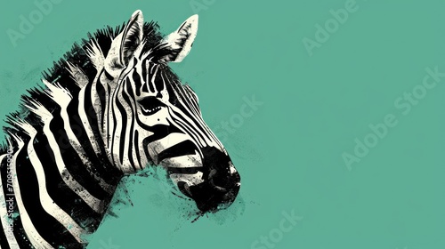  a close up of a zebra's head on a green background with a black and white zebra's head.