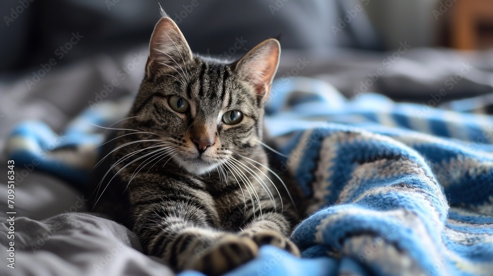 a close up of a cat laying on a bed with a blue and white blanket on it's side. a close up of a cat laying on a bed with a blue and white blanket on it's side.