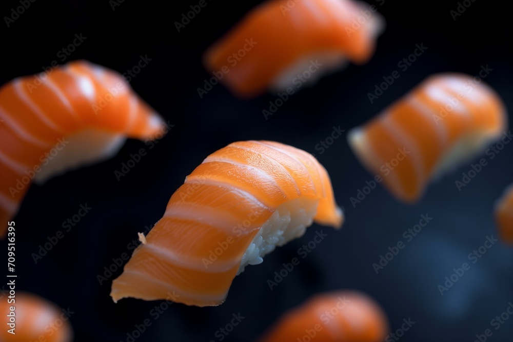 salmon nigiri sushi flying pattern on a black background salmon nigiri sushi flying pattern on a black background