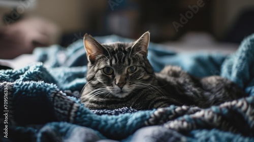  a cat laying on top of a blanket on top of a bed next to a cat laying on top of a blanket. © Shanti