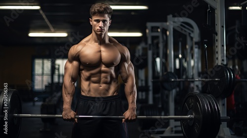 Fit and strong: young male athlete bodybuilder strikes powerful poses, demonstrates dynamic sports exercises in gym setting photo