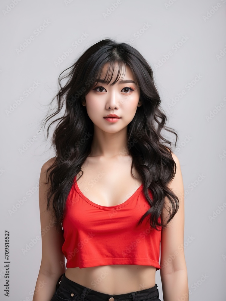 Portrait of beautiful asian women, long black hair, tshirt model posing in white background, Portrait of beautiful asian women, long black hair, tshirt model posing in white background,