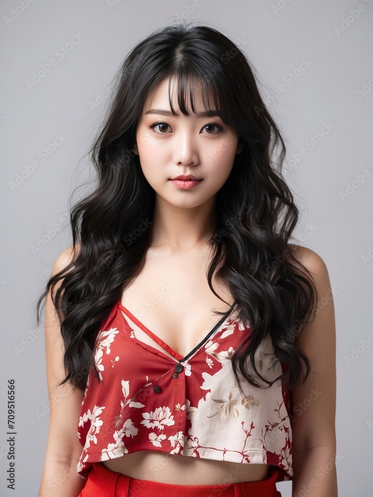 Portrait of beautiful asian women, long black hair, tshirt model posing in white background, Portrait of beautiful asian women, long black hair, tshirt model posing in white background,