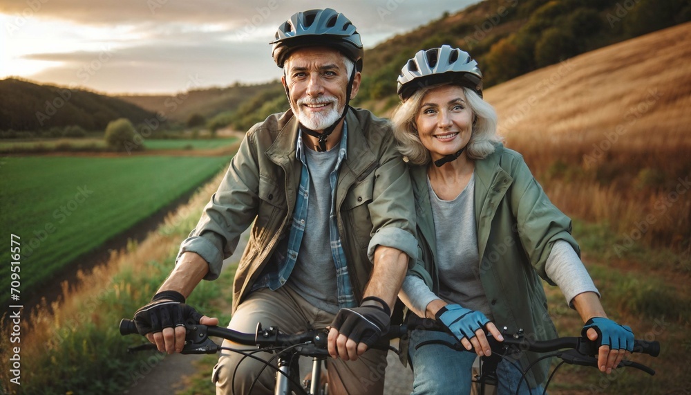 Fototapeta premium Cheerful mature couple in helmets riding bikes, active seniors enjoying bicycle ride in nature