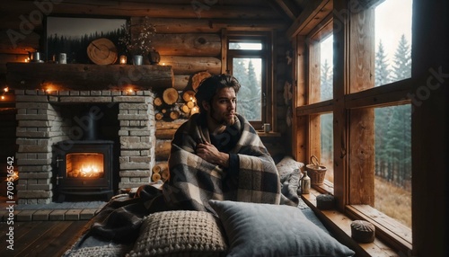 Man relaxing by window in winter cabin, covered in a blanket