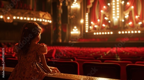  a little girl sitting on a bench in front of an auditorium filled with red seats and a chandelier.