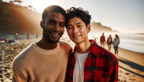 Multi-ethnic gay couple in an intimate outdoor pose, embracing diversity