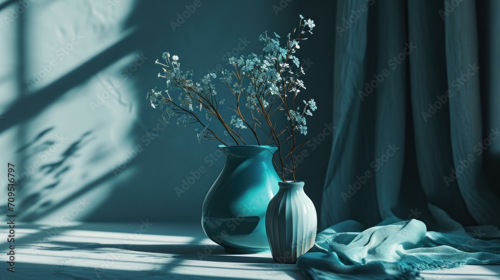 Obraz na płótnie  a blue vase with white flowers in it sitting on a table next to a window with a curtain behind it. w salonie