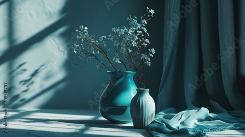 a blue vase with white flowers in it sitting on a table next to a window with a curtain behind it.
