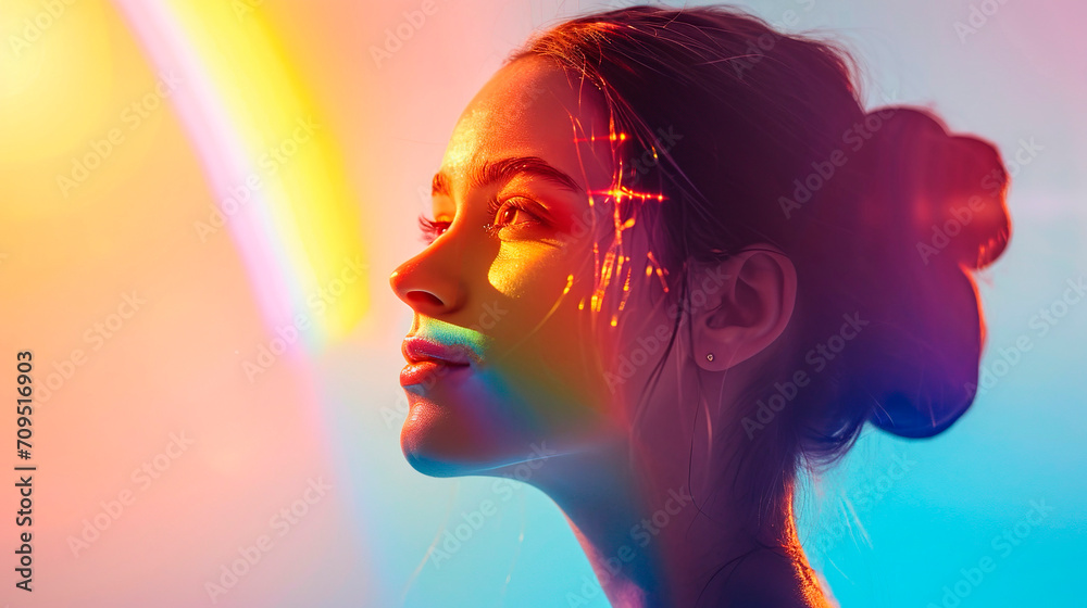 conceptual photo with a double composition, a head of girl and a rainbow