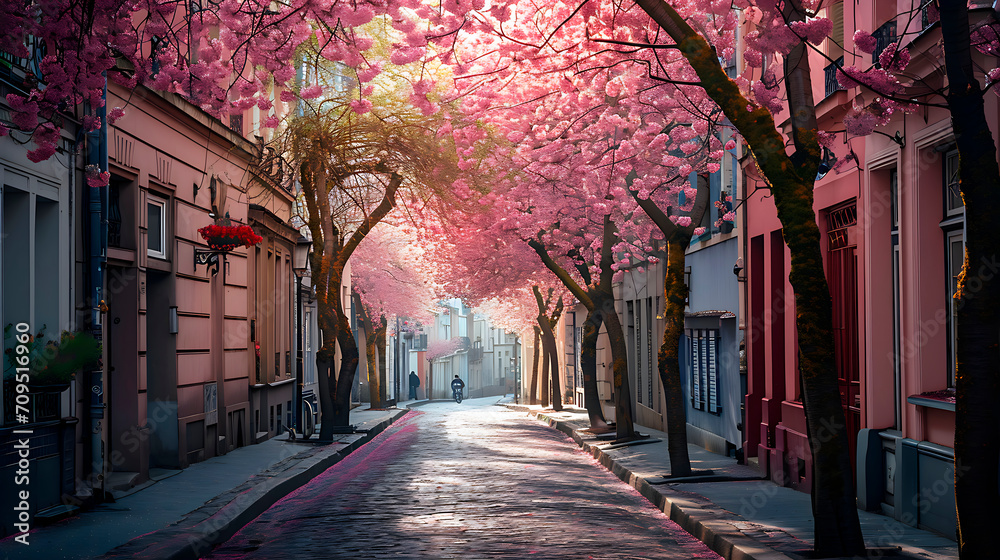 Fototapeta premium quiet street in the city during the cherry blossom season