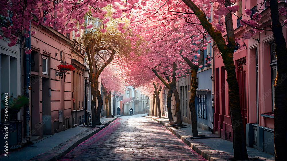 quiet street in the city during the cherry blossom season
