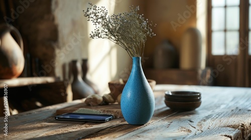  a blue vase sitting on top of a wooden table next to a cell phone and a vase filled with baby's breath. photo