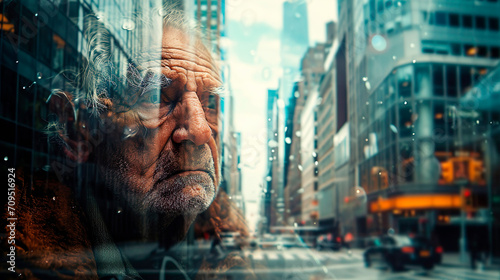 conceptual photo with a double composition, a head of old man and a city street