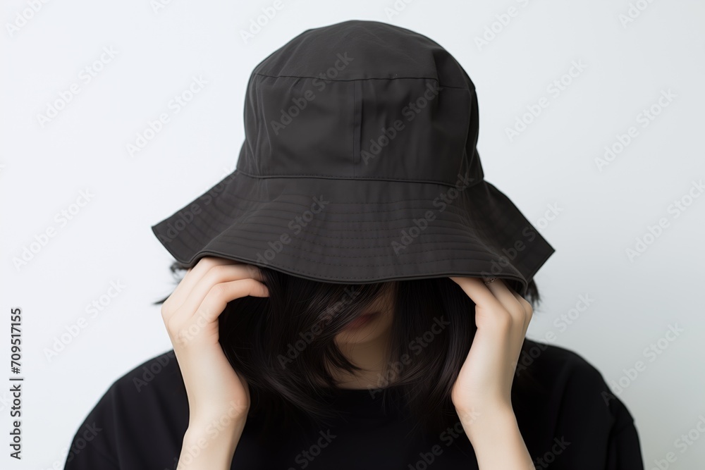 plain black bucket hat mockup for design. a girl wearing a plain bucket hat - obrazy, fototapety, plakaty 